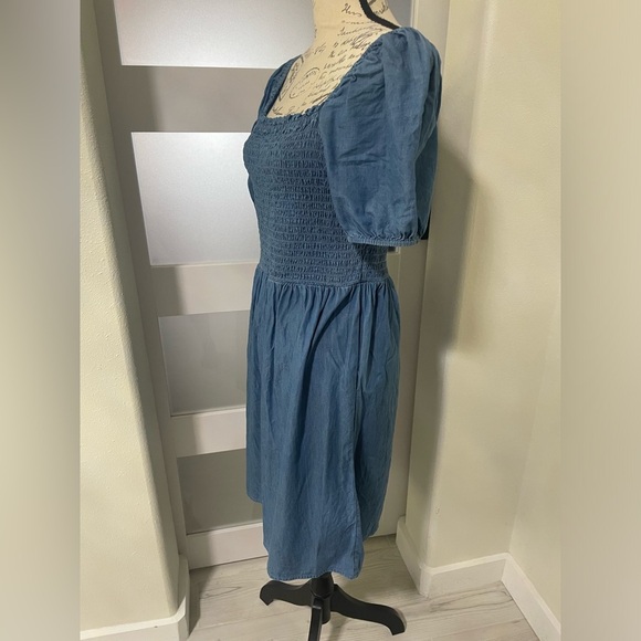LOFT Light Blue Sundress with Smocked Bodice and Puff Sleeves - Picture 2 of 6